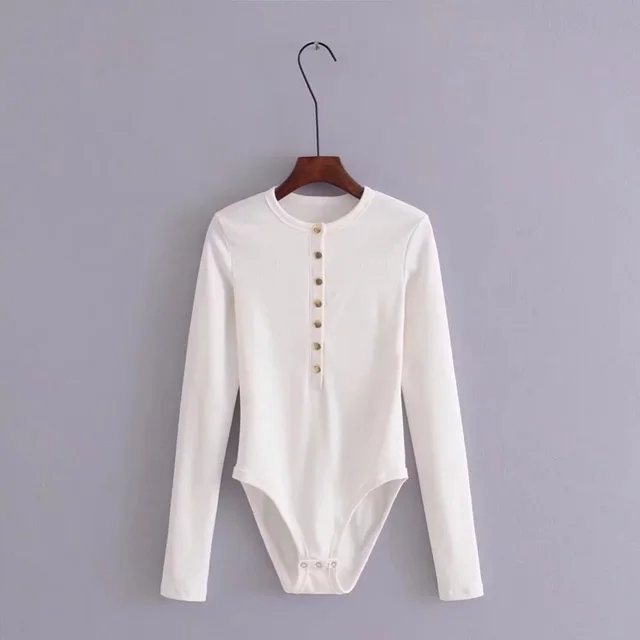 Long sleeved knitted bottoming shirt buttoned slim bodysuit White - Shop at LoveMi