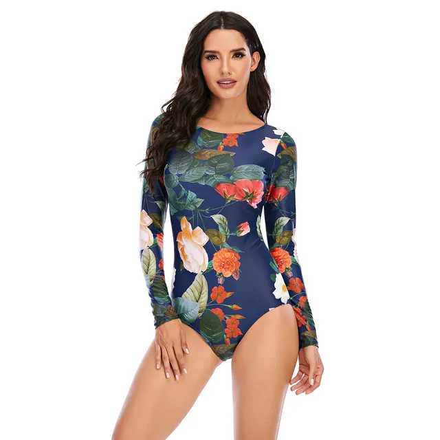 One piece long sleeved surfing suit sunscreen female swimsuit hot spring diving suit Blue Print - Shop at LoveMi