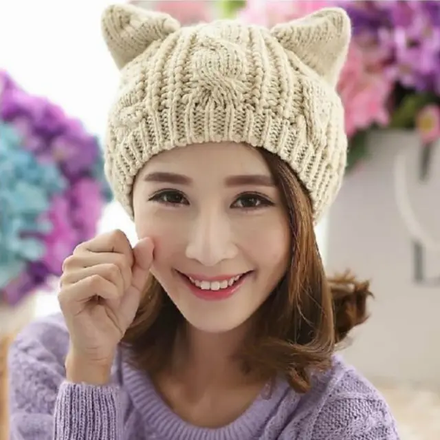 Hand Made 3D Cute Knitted Cat Ear Beanie For Winter Beige - Shop at LoveMi