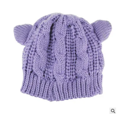 Hand Made 3D Cute Knitted Cat Ear Beanie For Winter Purple - Shop at LoveMi