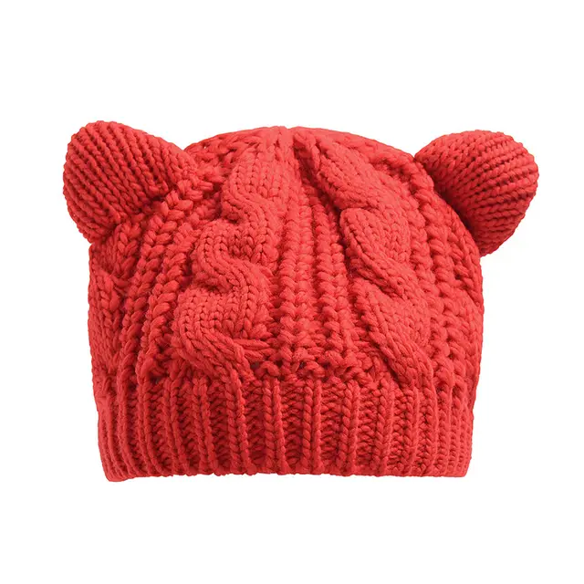 Hand Made 3D Cute Knitted Cat Ear Beanie For Winter Red - Shop at LoveMi