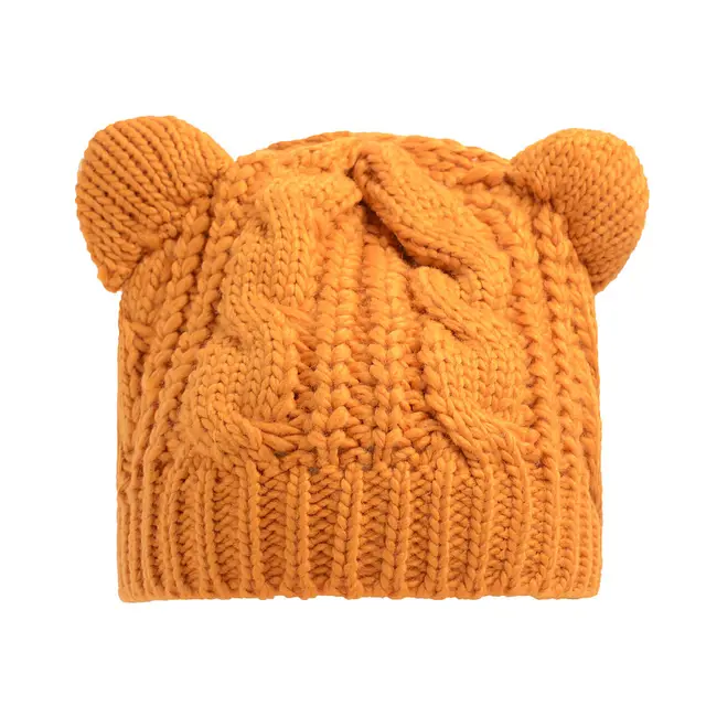 Hand Made 3D Cute Knitted Cat Ear Beanie For Winter Yellow - Shop at LoveMi