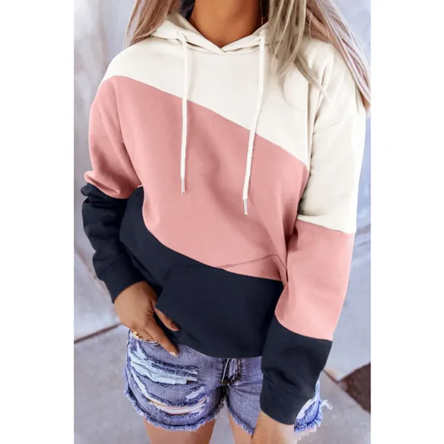 Long Sleeve Panelled Hooded Printed Sweatshirt Pink - Shop at LoveMi