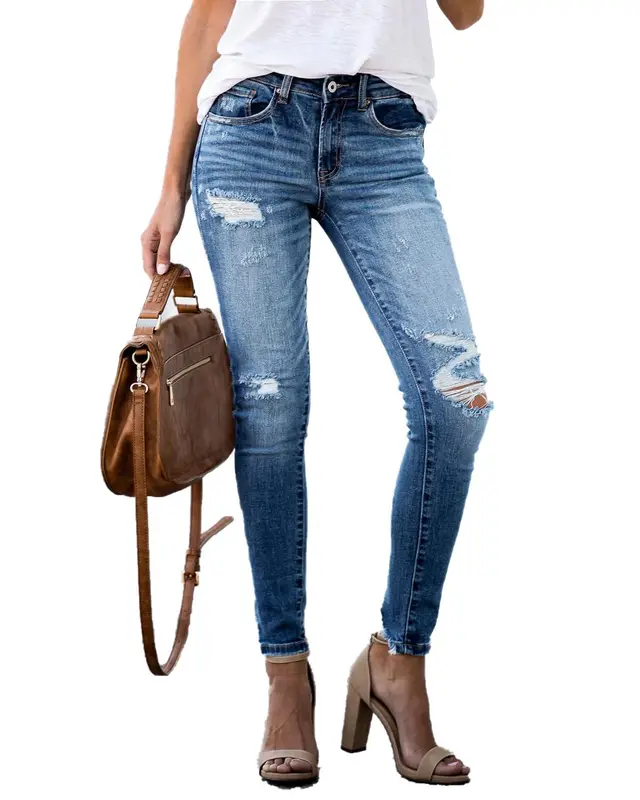 Slim knee ripped denim pants Light Blue - Shop at LoveMi