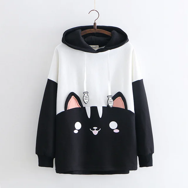 Black and white cat eating fish embroidery sweater Black - Shop at LoveMi