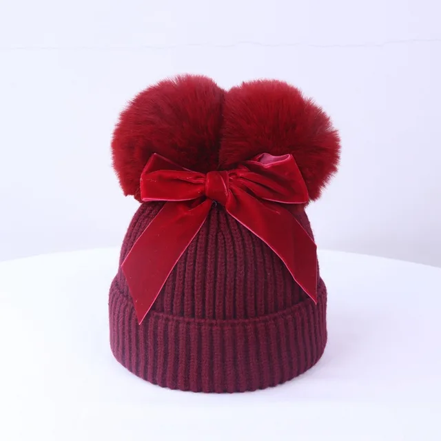 Double Ball Bow Knit Hat For Thick And Warm Wine Red - Shop at LoveMi