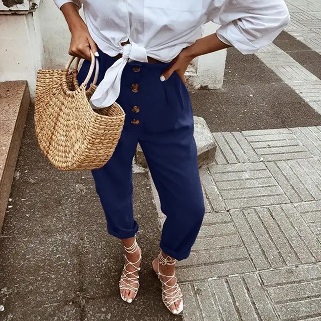 Women's Vintage Loose High Waist Casual Pants Dark Blue - Shop at LoveMi