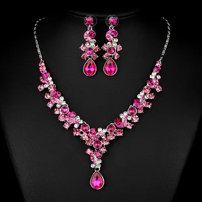 Western Wedding Photography Wedding Bride Necklace Earrings Simple Two Piece Suite Imported Transparent Diamond Jewelry Pink - Shop at LoveMi