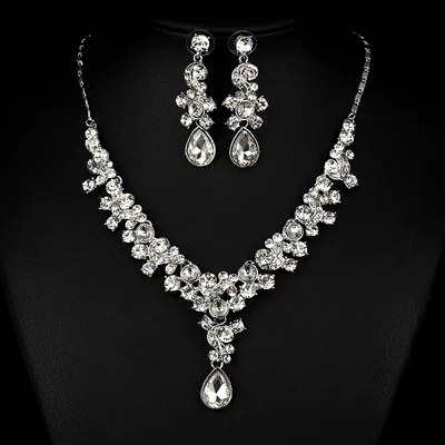 Western Wedding Photography Wedding Bride Necklace Earrings Simple Two Piece Suite Imported Transparent Diamond Jewelry White - Shop at LoveMi