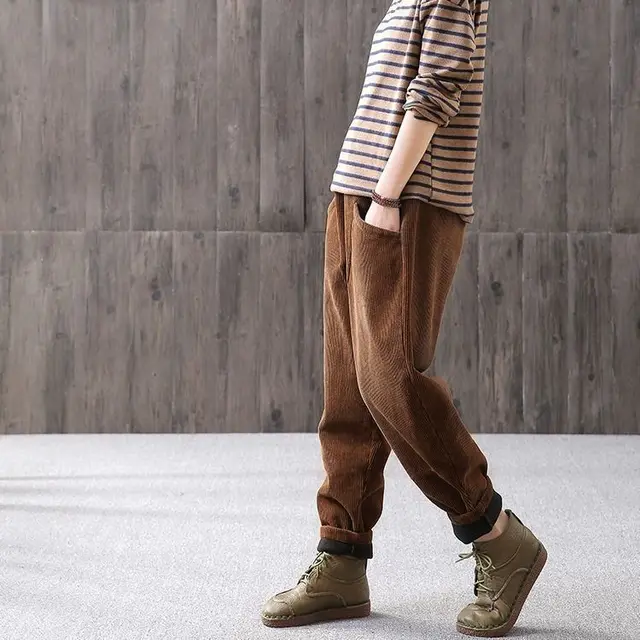Corduroy Elastic Waist Showing Thin Stripe Loose Casual Pants Coffee Color - Shop at LoveMi