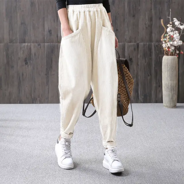 Corduroy Elastic Waist Showing Thin Stripe Loose Casual Pants White - Shop at LoveMi