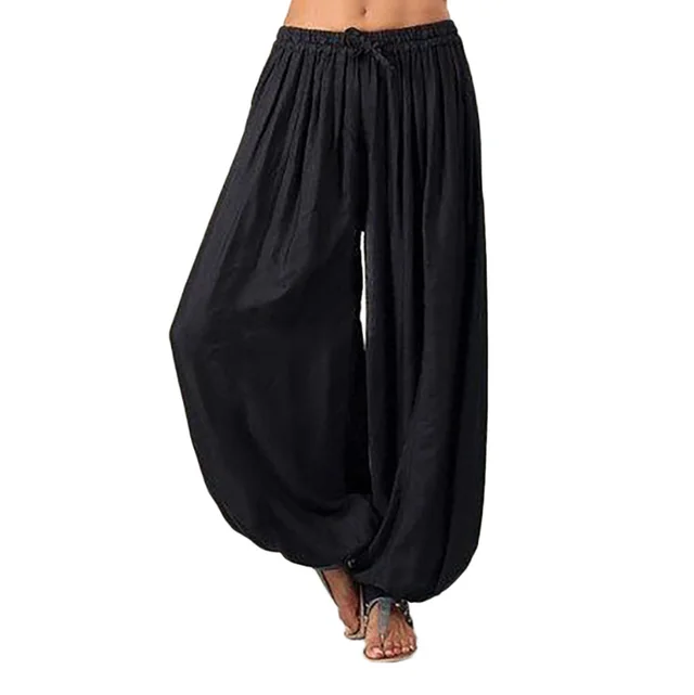 Solid Color Loose Large Size Elastic Band Wide leg Pants Black - Shop at LoveMi