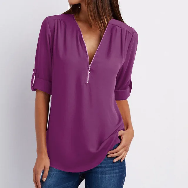 V neck Zipper Plus Size Women's Long Sleeved Loose Chiffon Shirt Purple - Shop at LoveMi