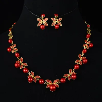 Korean bride pearl Clover Necklace Earrings Set Wedding jewelry accessories factory Red - Shop at LoveMi