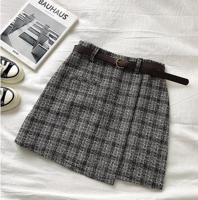 Plaid anti light high waist A line skirt with waistband Grey - Shop at LoveMi