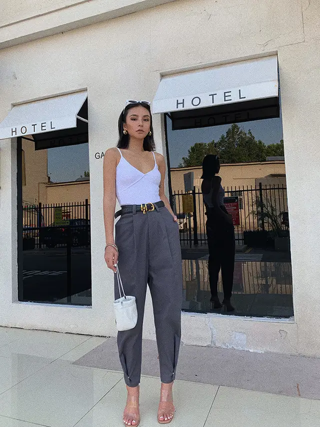 Women's beamed f high waist slim overalls Grey - Shop at LoveMi