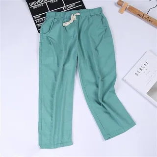 Solid color nine-point pants washed cotton and linen - Bean Green B