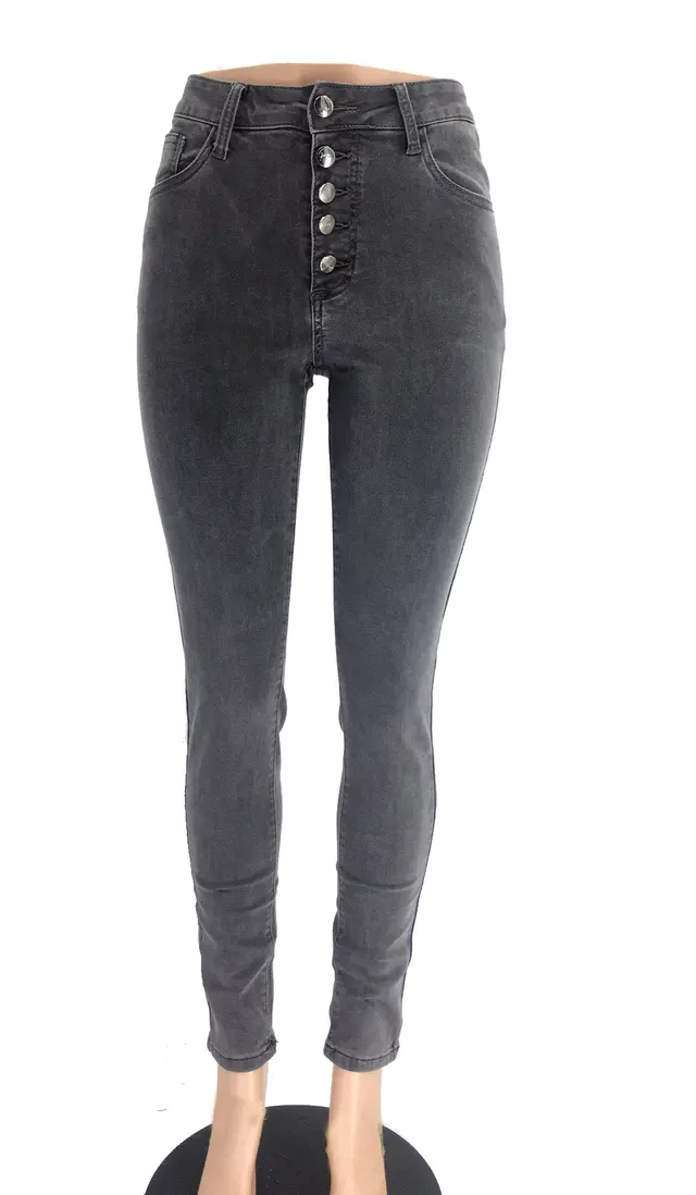 Multi button chic high rise skinny long jeans Grey - Shop at LoveMi