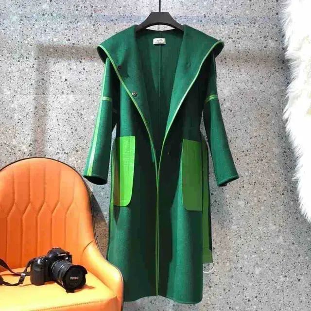 British style slim slimming belt contrast color fight leather coat women Green - Shop at LoveMi