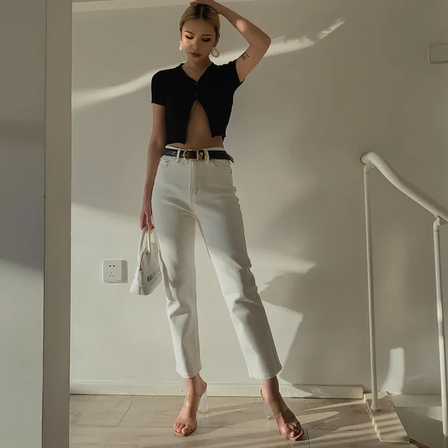 Jeans Women's Retro Stretch Slim High Waist Pipe Small Capris White - Shop at LoveMi