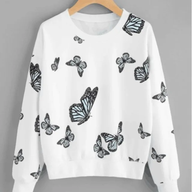 Ladies butterfly round neck long sleeve sweater White - Shop at LoveMi