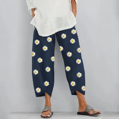 Floral Loose Print Elastic Waist Pocket Pants Blue - Shop at LoveMi