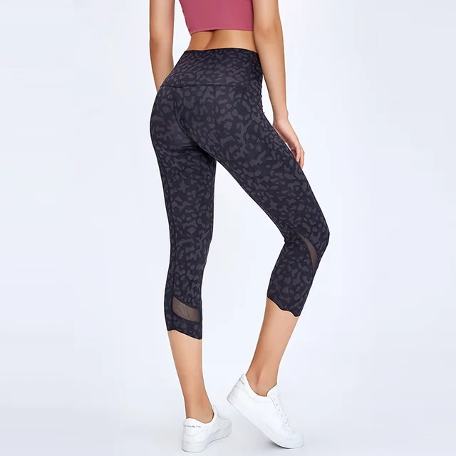 Mesh yarn breathable stretch running yoga suit sports cropped pants Black Camouflage - Shop at LoveMi
