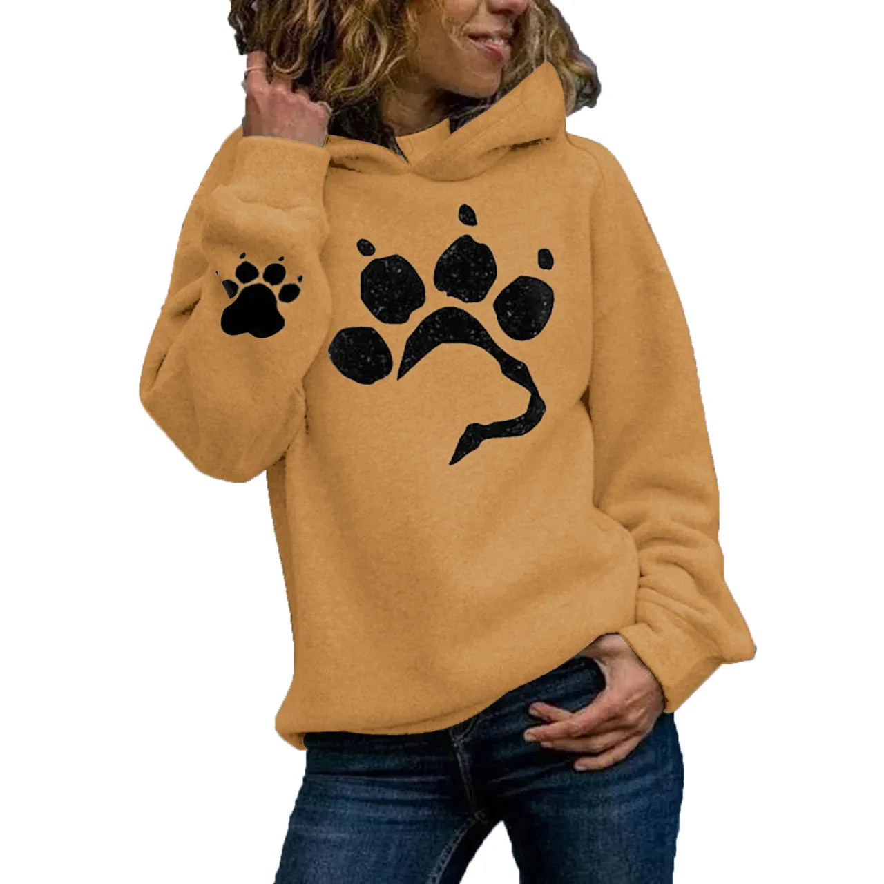 Printed cat paw casual sweater - Yellow