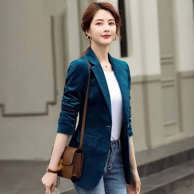Casual suit jacket Women's Western style Korean style slim fit long sleeve fashion temperament solid color small suit women's top Peacock Blue - Shop at LoveMi