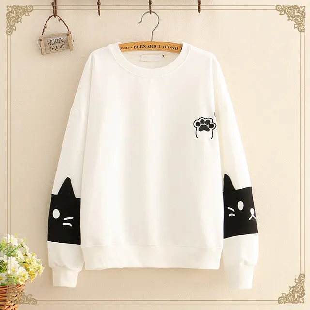 Cat paw color block round neck thin sweater White - Shop at LoveMi