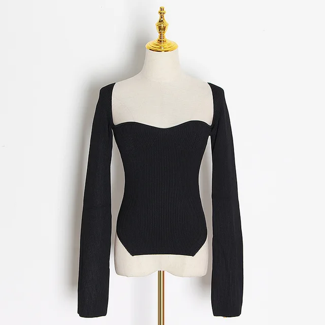 Palace Chest Support Type Slim Slimming Curve Hem Split Solid Color Sweater Sweater Black - Shop at LoveMi