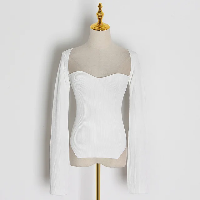 Palace Chest Support Type Slim Slimming Curve Hem Split Solid Color Sweater Sweater White - Shop at LoveMi