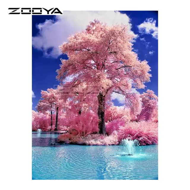5D DIY Diamond Embroidery Landscape Lake Cherry Tree Diamond Painting Cross Full Drill Mosaic Decoration 20X25 Square - Shop at LoveMi