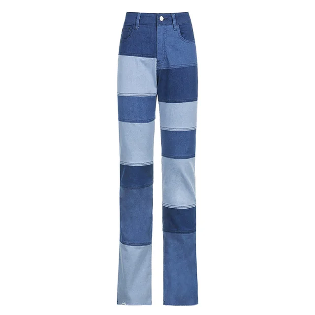 Ladies Contrasting High rise Straight leg Jeans Blue - Shop at LoveMi