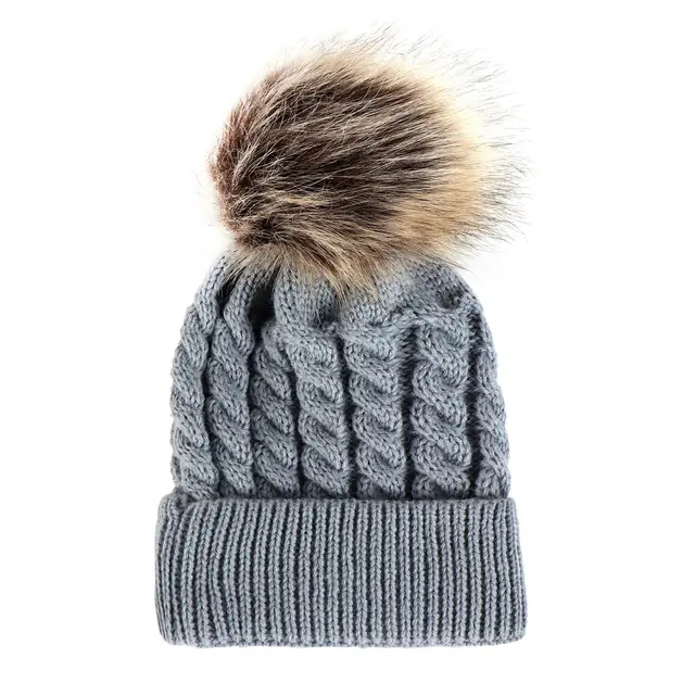 Autumn and winter ball twist knit hat Warm female parent child imitation braid hair ball wool cap Baby Gray - Shop at LoveMi