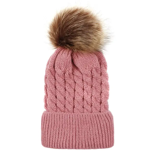 Autumn and winter ball twist knit hat Warm female parent child imitation braid hair ball wool cap Baby Pink - Shop at LoveMi