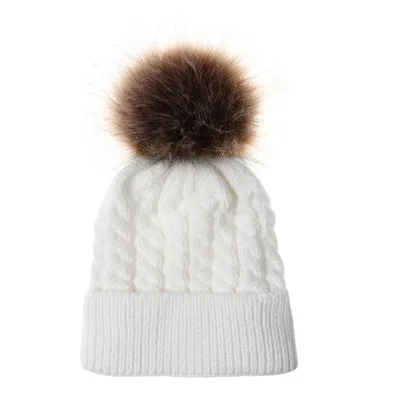 Autumn and winter ball twist knit hat Warm female parent child imitation braid hair ball wool cap Baby White - Shop at LoveMi