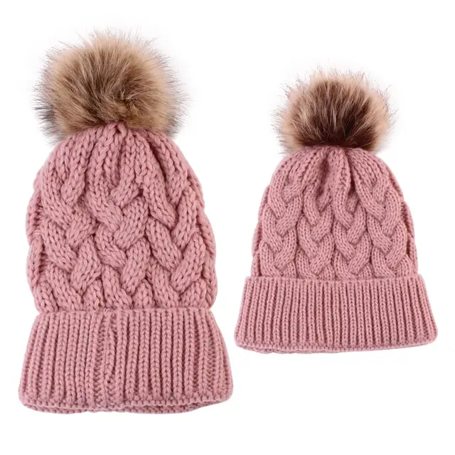 Autumn and winter ball twist knit hat Warm female parent child imitation braid hair ball wool cap Pink - Shop at LoveMi