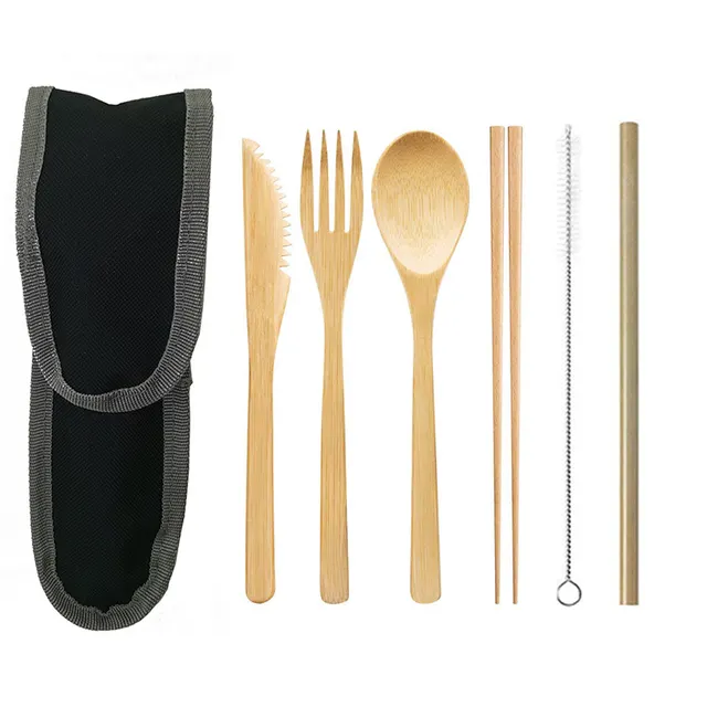 Portable Travel Bamboo Cutlery Cutlery Stainless Steel Straw Chopsticks Cutlery Set Black - Shop at LoveMi