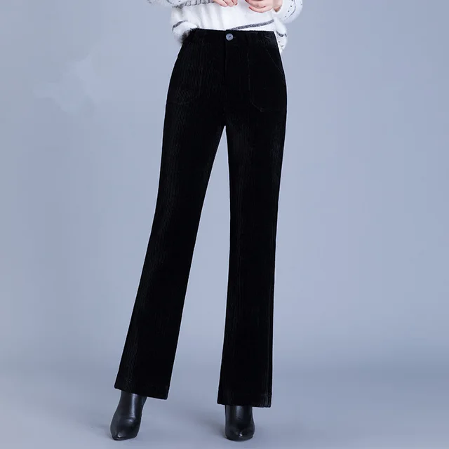 Thick Elastic Cigh Waist And Slim Corduroy Flared Pants Black - Shop at LoveMi