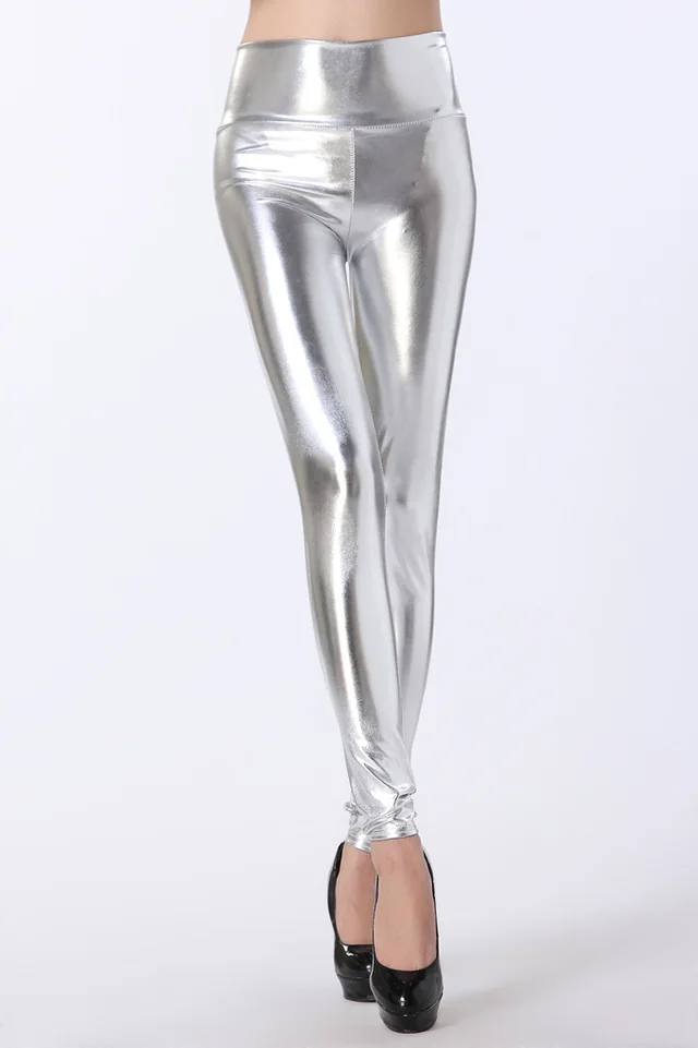 leather leggings Women's outer wear large size without trace PU bright leather high waist slimming feet pants Silver - Shop at LoveMi