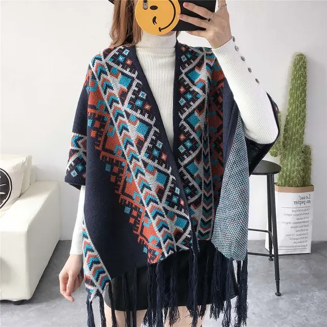 Bohemian National Wind Cloak Cape Coat Navy Blue - Shop at LoveMi