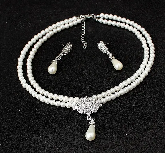 European and American foreign trade big wedding bride jewelry pearl crystal diamond necklace earrings set Default - Shop at LoveMi