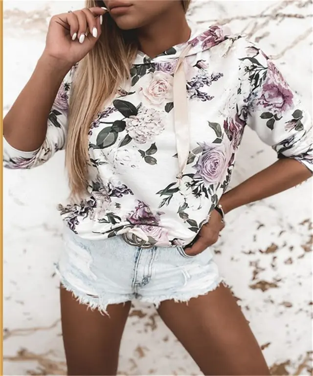 European And American New Flower Printed Hooded Sweater Purple - Shop at LoveMi