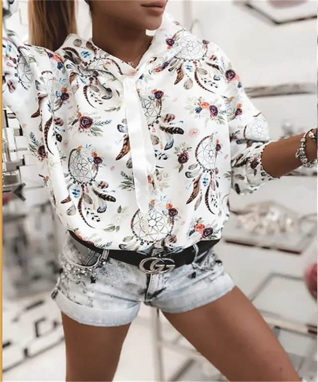 European And American New Flower Printed Hooded Sweater White - Shop at LoveMi