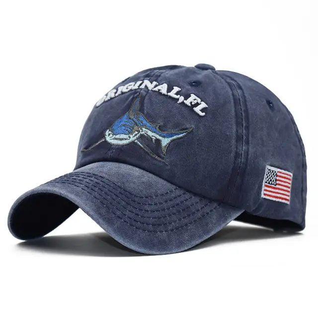 Washed embroidered shark baseball cap Navy Blue - Shop at LoveMi