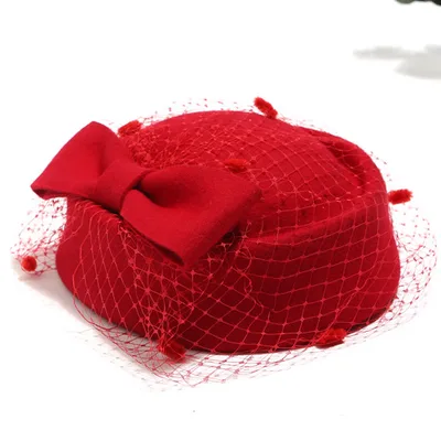 Bow net yarn lace woolen hat Red - Shop at LoveMi