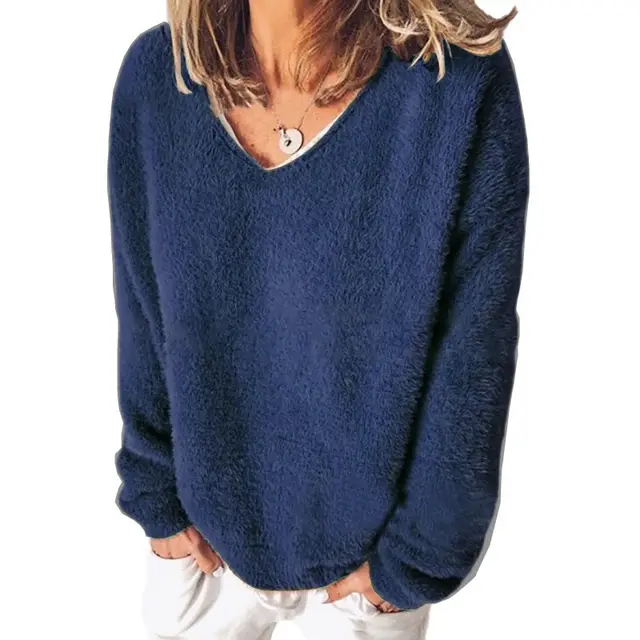 Solid Color Sweater V Neck Long Sleeve Loose T shirt Navy - Shop at LoveMi