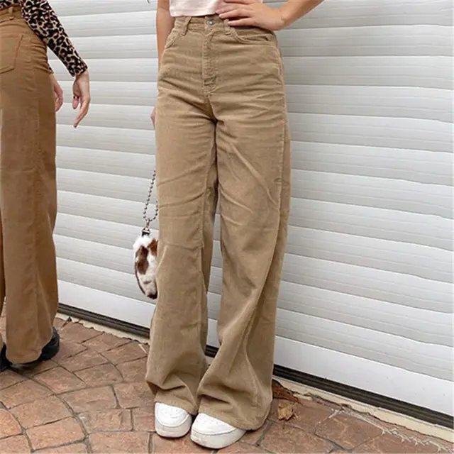 Fashion high waist slim fit corduroy straight leg casual pants wide leg pants Color - Shop at LoveMi