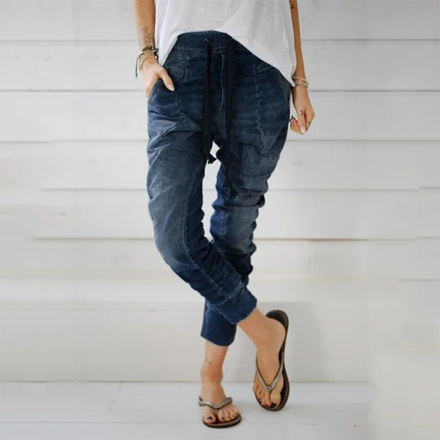 Lace up denim trousers harem pants Dark Blue - Shop at LoveMi